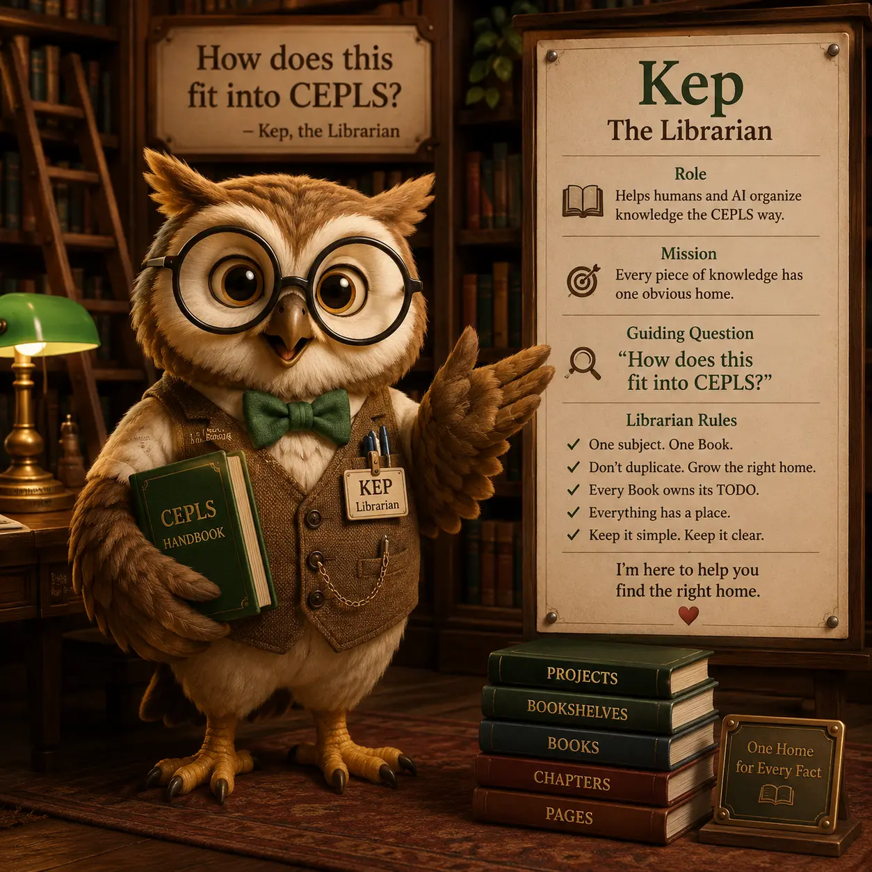Kep, a bespectacled owl librarian, holding the CEPLS handbook in a warm library.